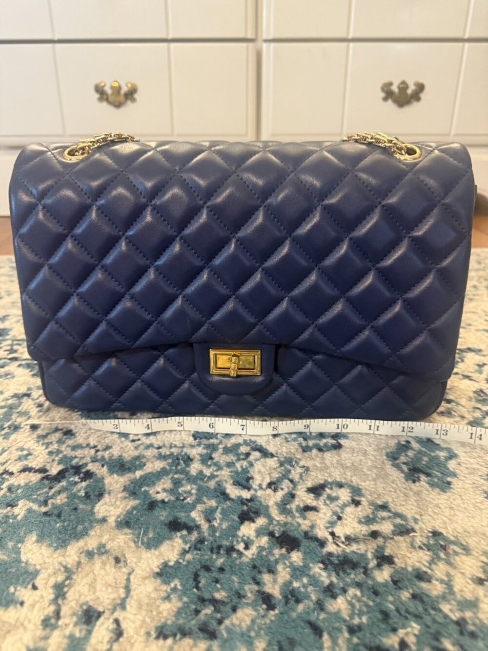 Ainifeel Navy Quilted Leather Bag with Gold Chain - Picture 4 of 16